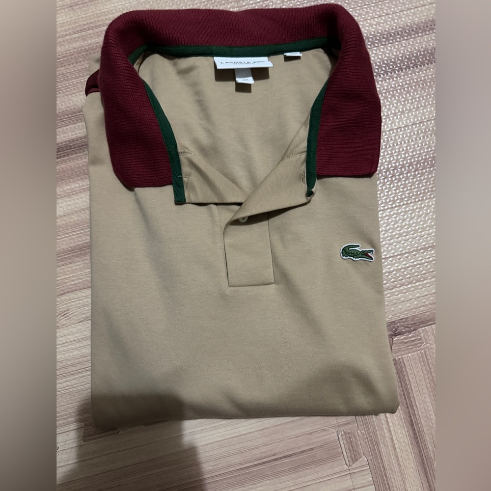 Lacoste Men's Beige Polo with Maroon and Green Accents